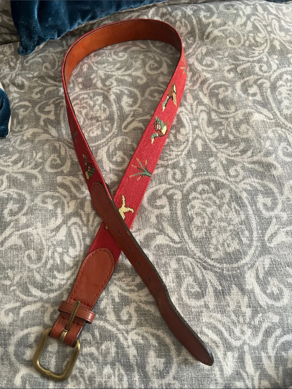 Smathers & Branson Mens Golf Needlepoint Belt Leather Size 38 Duck Dog Hunting